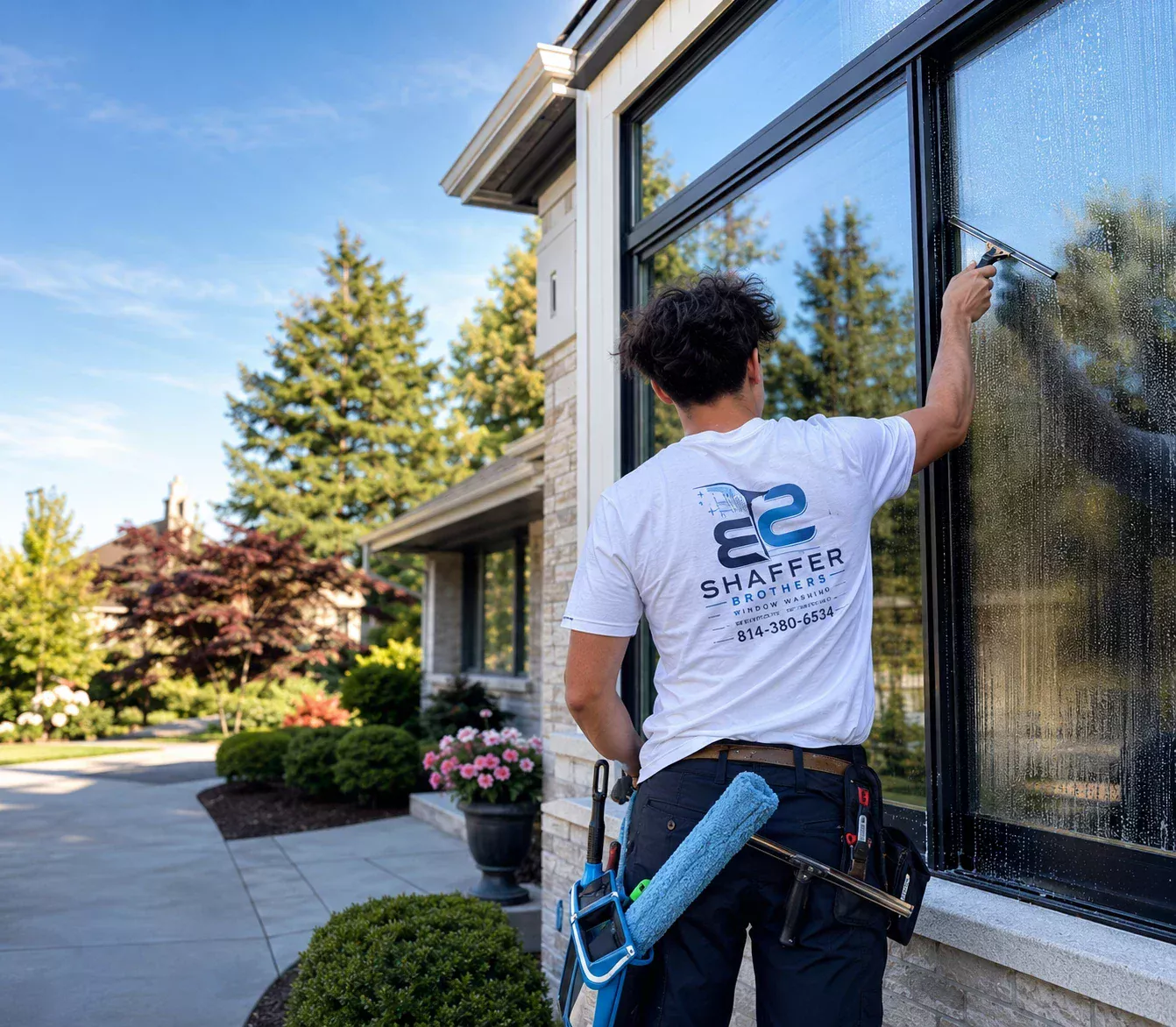 Shaffer Brothers technician cleaning large exterior house windows in Pennsylvania