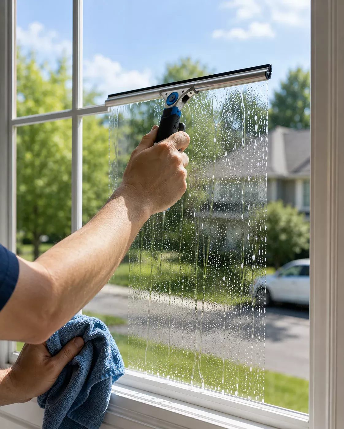 Professional hand using a squeegee to clean residential window glass