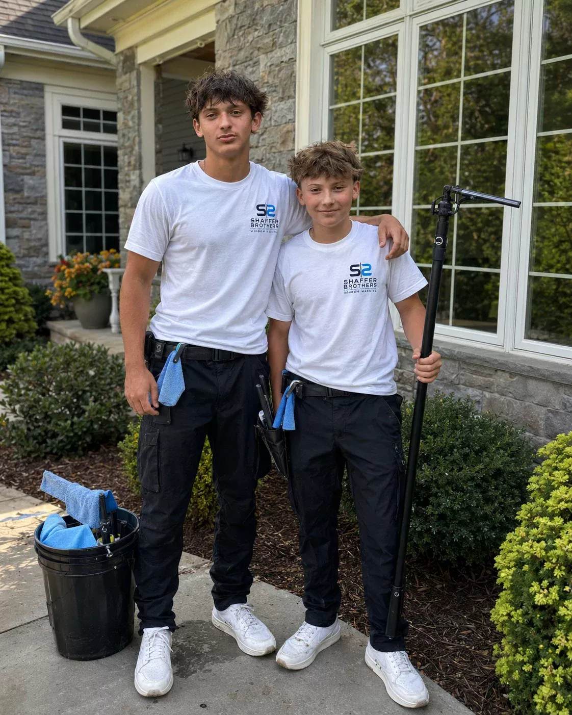 Ryan and Wyatt Shaffer standing with professional window cleaning equipment